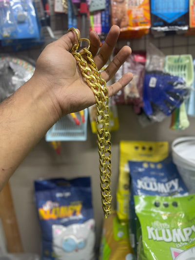 Gold-colored chain leash for dogs with handle and attachment clip